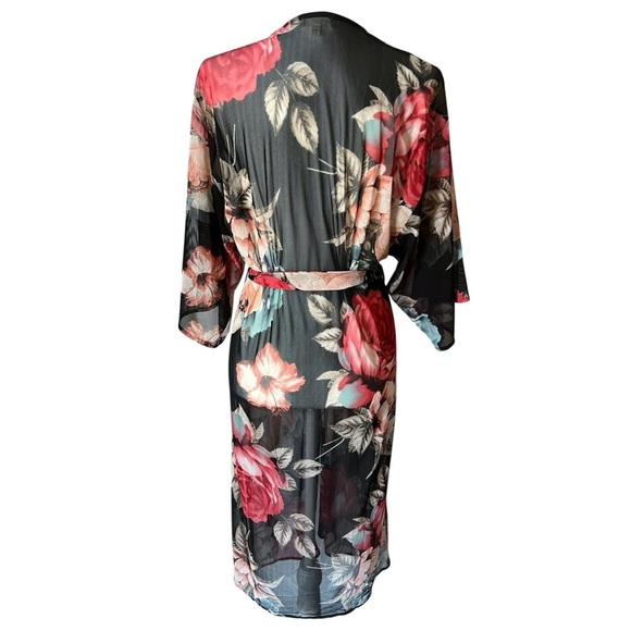MONTEAU Size Small Black Red Floral Roses Sheer Kimono Boho Robe - Picture 2 of 6
